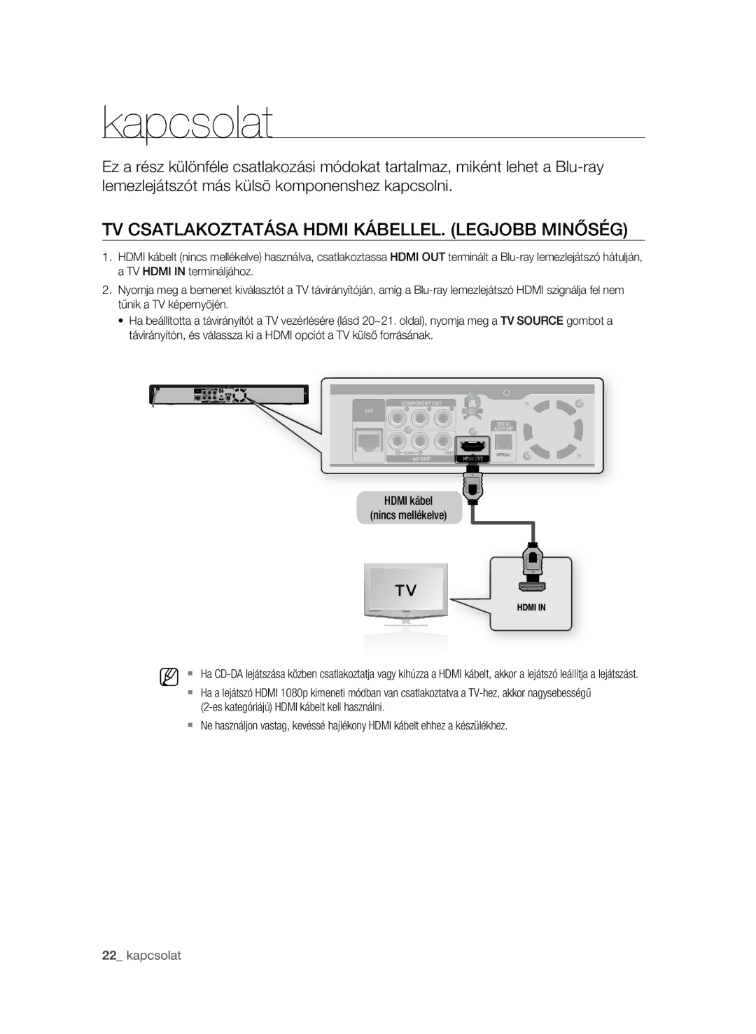 Samsung BD-P1580/XEF, BD-P1580/XEC, BD-P1580/EDC, BD-P1580/XEE Kapcsolat, TV csatlakoztatása Hdmi kábelLel. LegjobB Minőség 