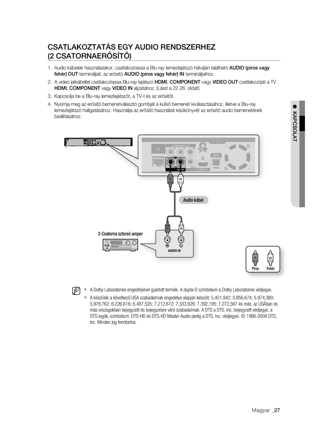 Samsung BD-P1580/XEE, BD-P1580/XEC, BD-P1580/EDC manual CsAtlAKOztAtÁs egy AudiO ReNdszeRhez 2 CsAtORNAeRõsítõ, KAPCsOlAt 