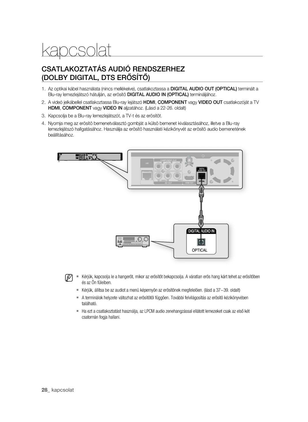 Samsung BD-P1580/XEC manual Csatlakoztatás audió rendszerhez Dolby Digital, DTS erősítő, És az Ön füleiben, Található 