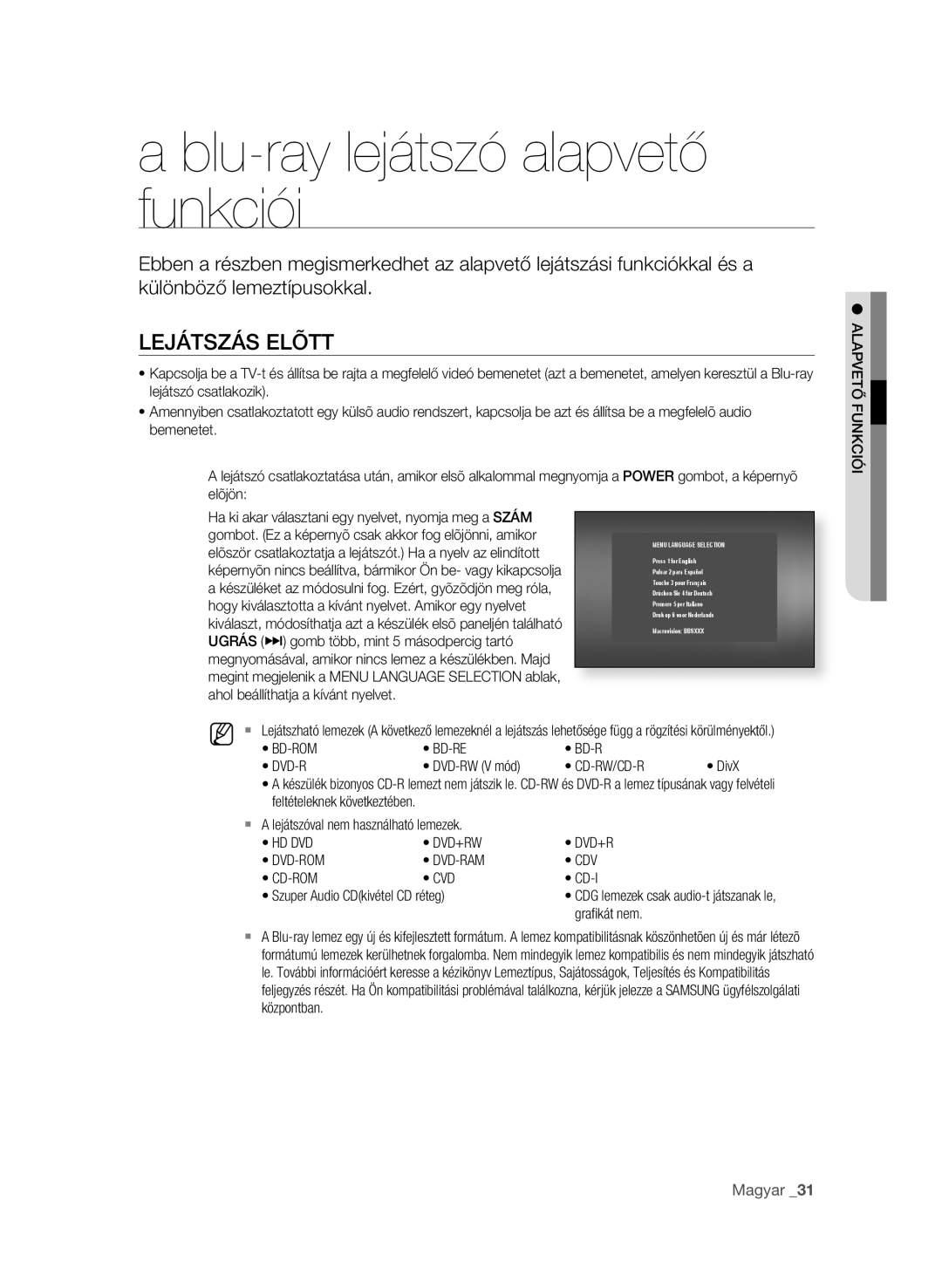 Samsung BD-P1580/XEE, BD-P1580/XEC manual Blu-ray lejátszó alapvető funkciói, LeJÁtszÁs elõtt, Bd-Rom Bd-Re, Cd-Rw/Cd-R 