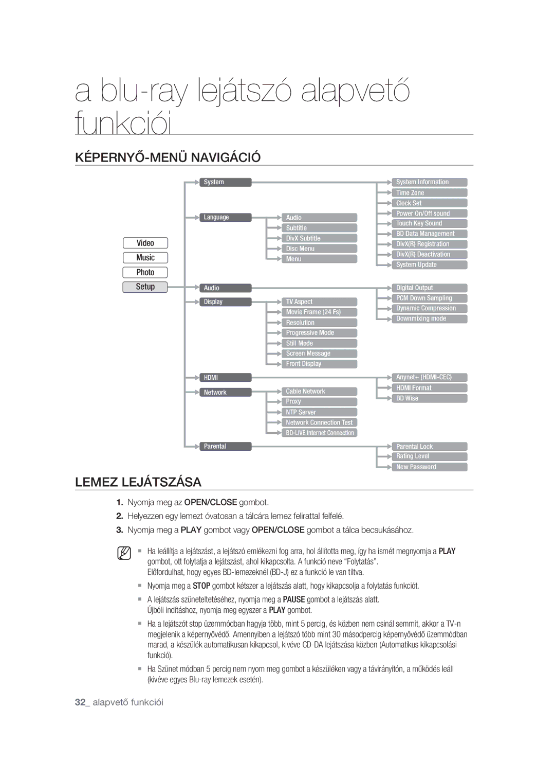 Samsung BD-P1580/XEC manual Képernyő-menü navigáció, Lemez lejátszása, Újbóli indításhoz, nyomja meg egyszer a Play gombot 