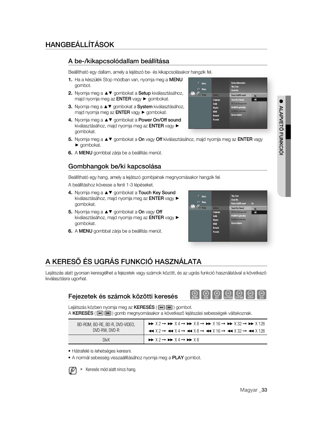 Samsung BD-P1580/EDC, BD-P1580/XEC HANgbeÁllítÁsOK, KeResõ és ugRÁs FuNKCió hAszNÁlAtA, Be-/kikapcsolódallam beállítása 