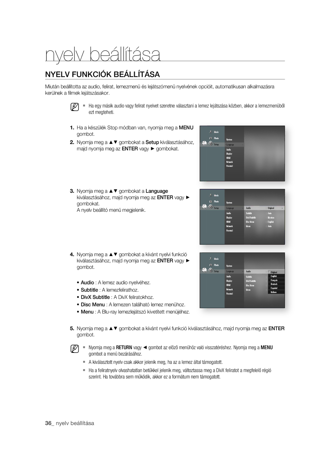 Samsung BD-P1580/XEC, BD-P1580/EDC, BD-P1580/XEF Nyelv beállítása, NyelV FuNKCióK beÁllítÁsA, Audio a lemez audio nyelvéhez 