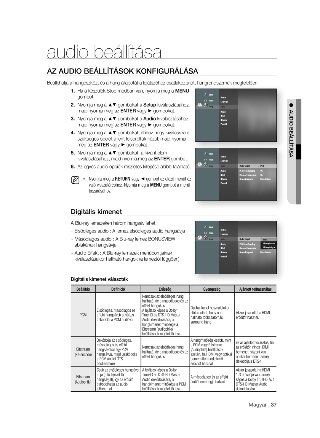 Samsung BD-P1580/EDC, BD-P1580/XEC, BD-P1580/XEF Audio beállítása, Az AudiO beÁllítÁsOK KONFiguRÁlÁsA, Digitális kimenet 