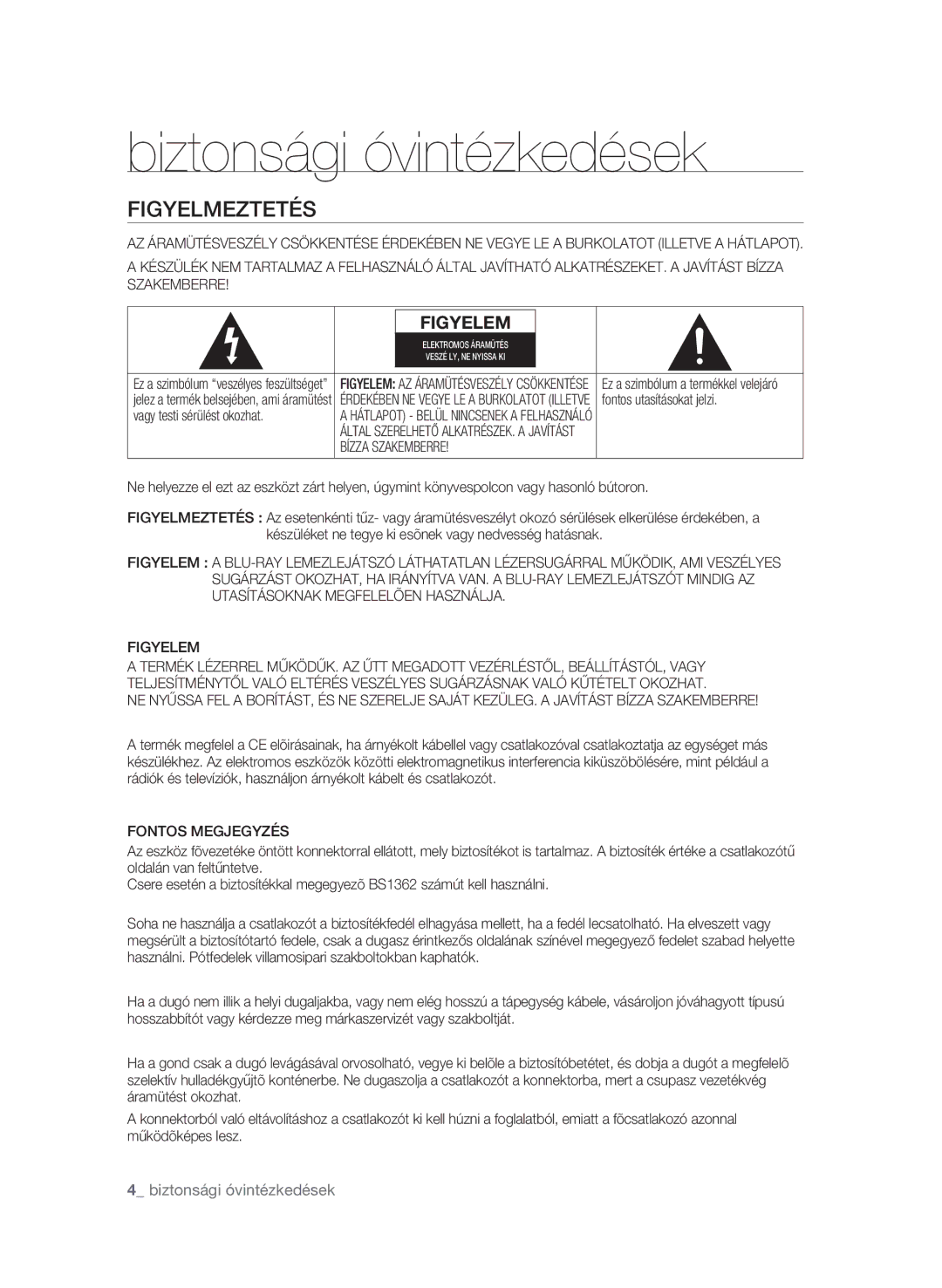 Samsung BD-P1580/XEC, BD-P1580/EDC manual Biztonsági óvintézkedések, Figyelmeztetés, Bízza Szakemberre, Fontos Megjegyzés 