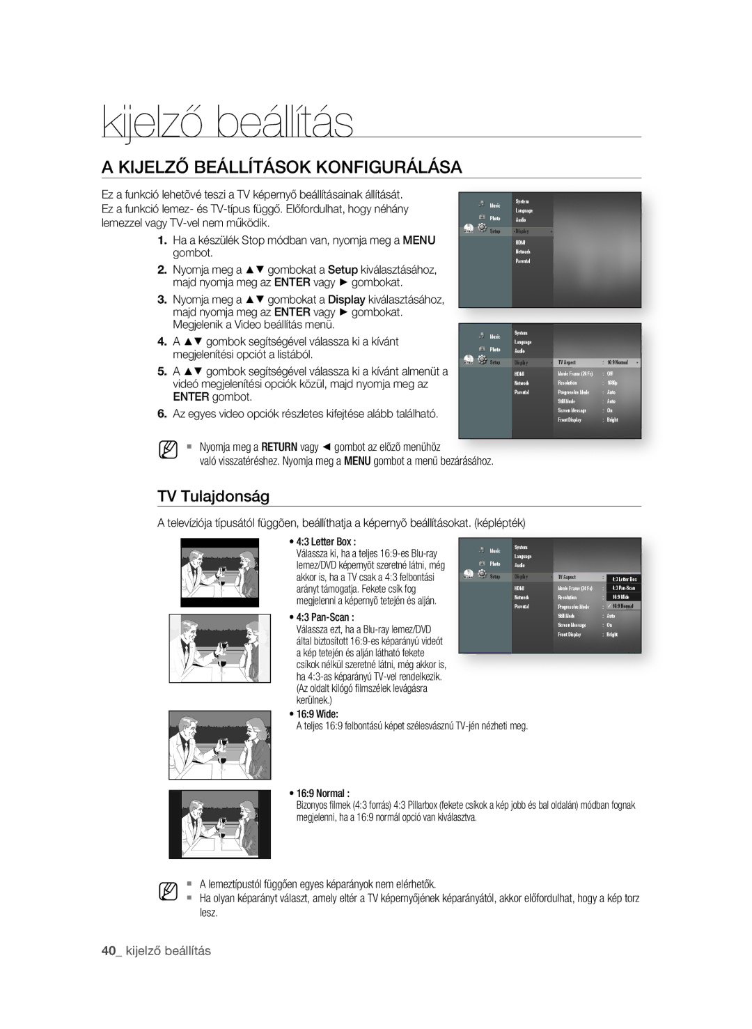 Samsung BD-P1580/XEC, BD-P1580/EDC, BD-P1580/XEF manual Kijelző beállítás, KiJelző beÁllítÁsOK KONFiguRÁlÁsA, TV tulajdonság 