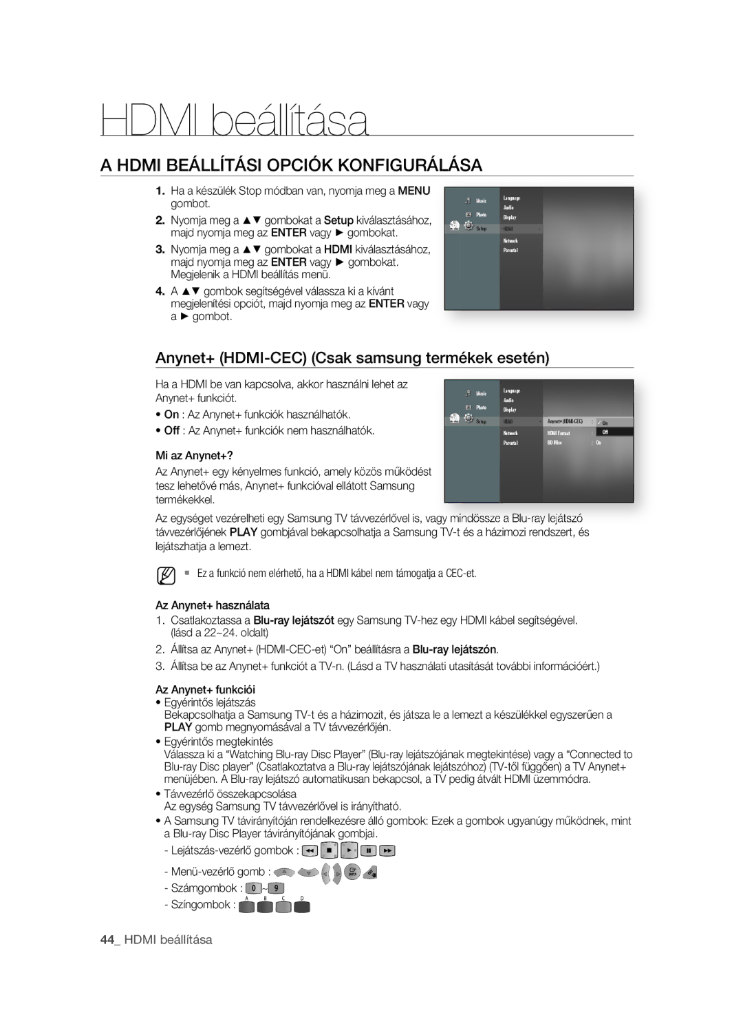 Samsung BD-P1580/XEC Hdmi beállítása, Hdmi beÁllítÁsi OPCióK KONFiguRÁlÁsA, Anynet+ hdmi-CeC Csak samsung termékek esetén 