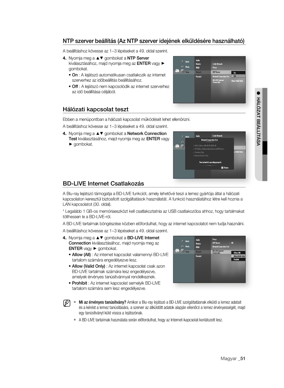 Samsung BD-P1580/XEE, BD-P1580/XEC, BD-P1580/EDC, BD-P1580/XEF manual Hálózati kapcsolat teszt, Bd-liVe internet Csatlakozás 