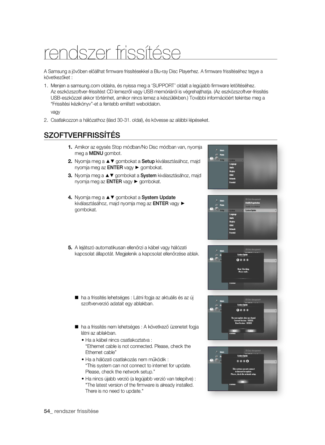 Samsung BD-P1580/XEF, BD-P1580/XEC, BD-P1580/EDC, BD-P1580/XEE manual Rendszer frissítése, SzOFtVeRFRissítés 