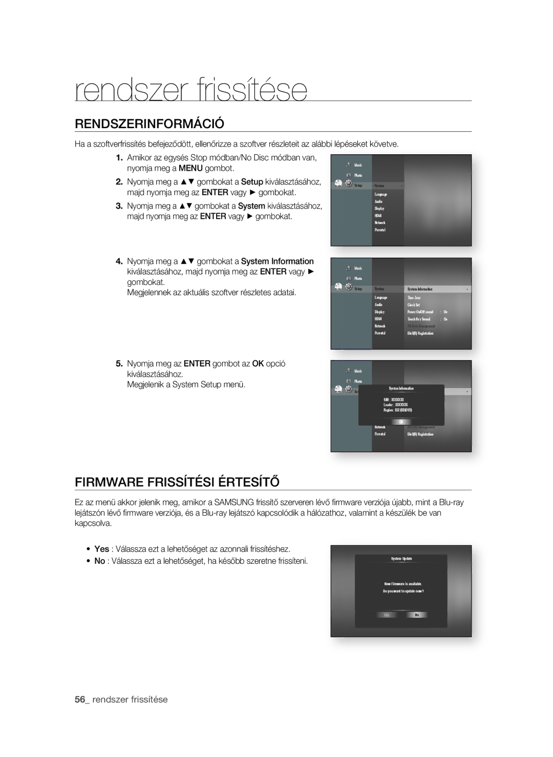 Samsung BD-P1580/XEC, BD-P1580/EDC, BD-P1580/XEF, BD-P1580/XEE manual ReNdszeRiNFORmÁCió, FiRmWARe FRissítési éRtesítő 