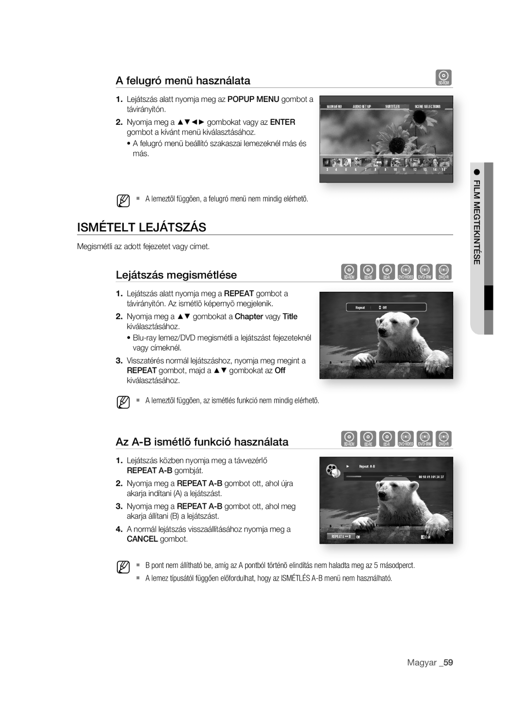 Samsung BD-P1580/XEE, BD-P1580/XEC, BD-P1580/EDC manual Ismételt leJÁtszÁs, Felugró menü használata, Lejátszás megismétlése 