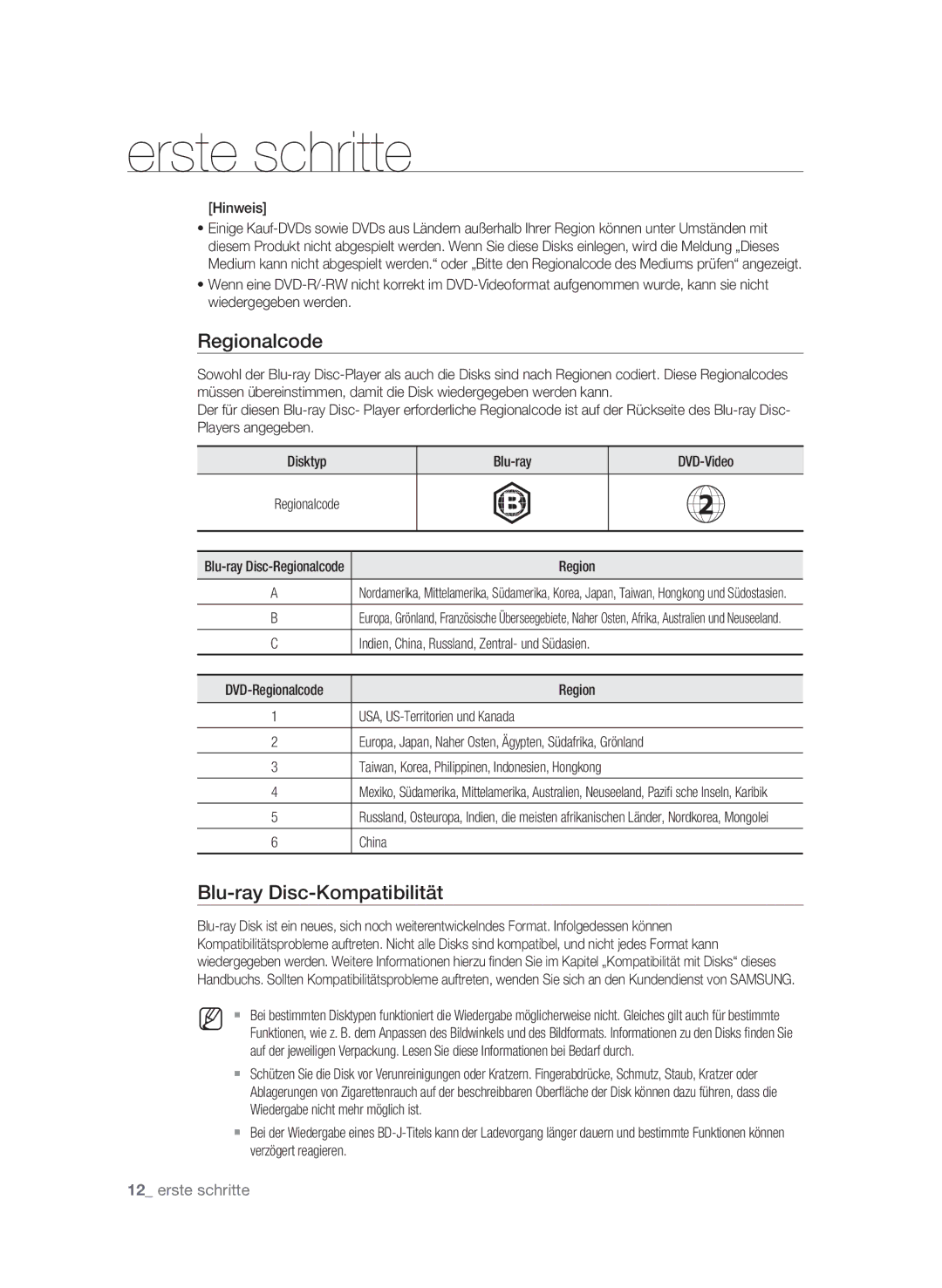 Samsung BD-P1580/XEC, BD-P1580/EDC, BD-P1580/XEF manual Regionalcode, Blu-ray Disc-Kompatibilität 