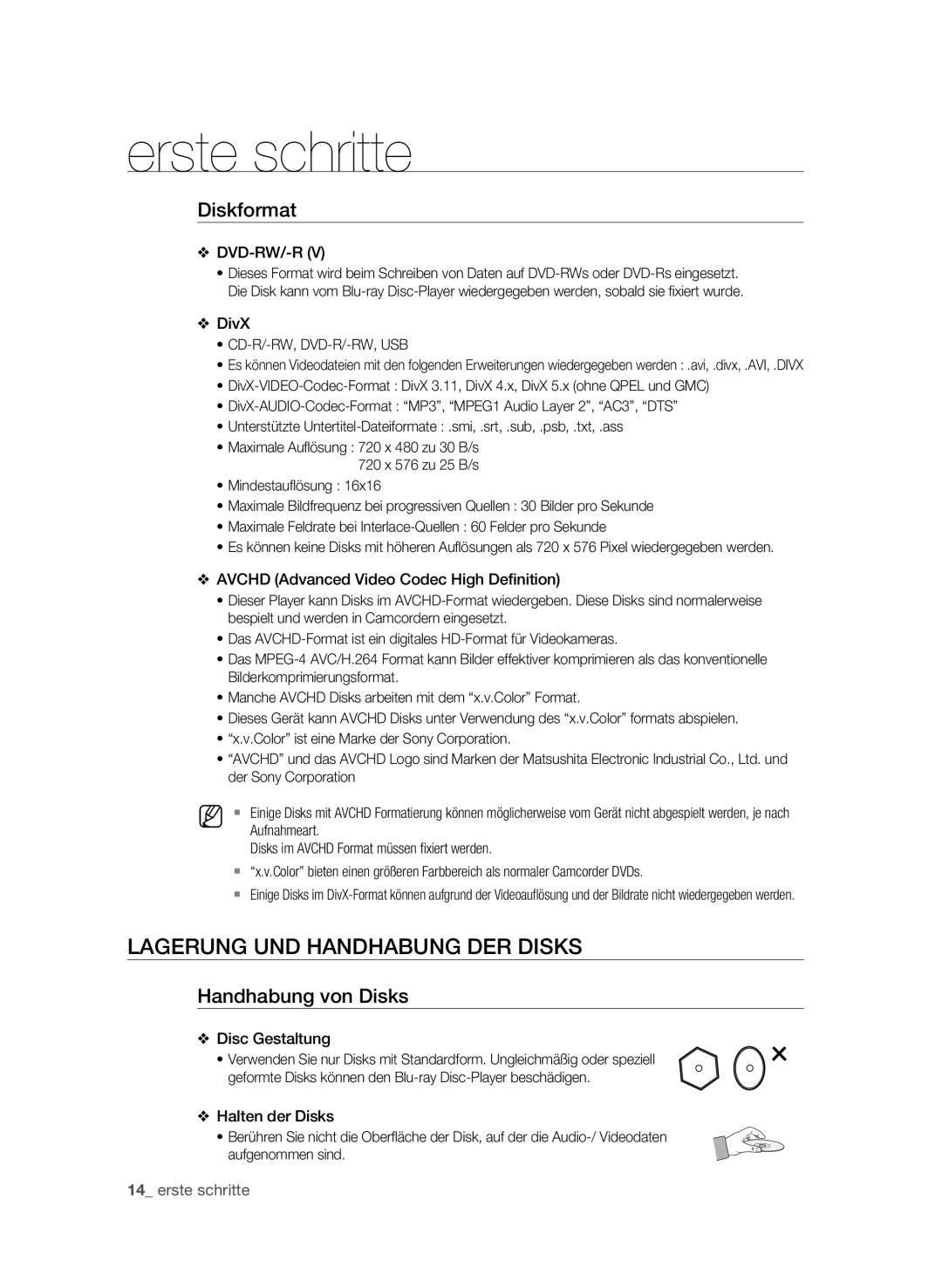 Samsung BD-P1580/XEF manual Lagerung und Handhabung der Disks, Diskformat, Handhabung von Disks, Cd-R/-Rw, Dvd-R/-Rw, Usb 