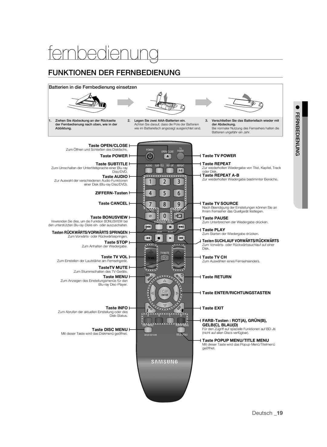 Samsung BD-P1580/EDC, BD-P1580/XEC, BD-P1580/XEF Funktionen der Fernbedienung, Batterien in die Fernbedienung einsetzen 