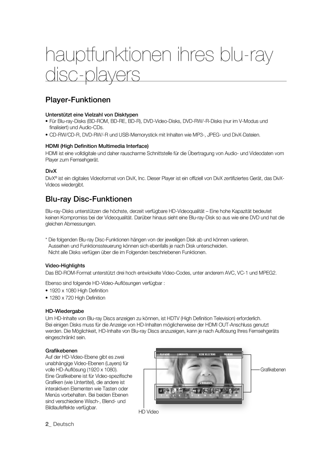 Samsung BD-P1580/XEF, BD-P1580/XEC Hauptfunktionen ihres blu-ray disc-players, Player-Funktionen, Blu-ray disc-Funktionen 