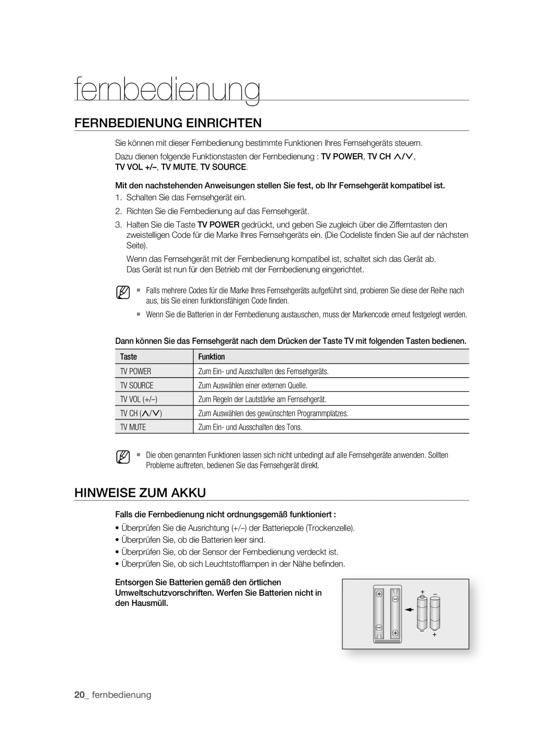 Samsung BD-P1580/XEF, BD-P1580/XEC, BD-P1580/EDC FERnBEdIEnung EInRIchtEn, HInWEISE zuM Akku, TV Power, TV Source, TV Mute 