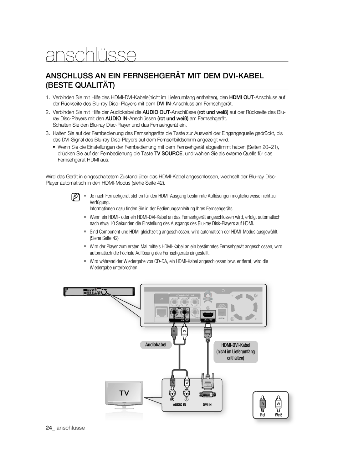 Samsung BD-P1580/XEC, BD-P1580/EDC, BD-P1580/XEF manual Verfügung, Siehe Seite, Audiokabel, Rot Weiß 