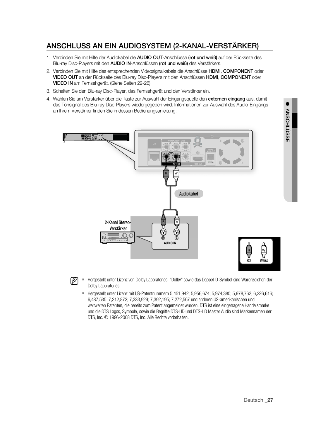 Samsung BD-P1580/XEC manual AnSchLuSS An EIn AudIOSyStEM 2-kAnAL-VERStäRkER, Audiokabel Kanal Stereo Verstärker, AnSchLüSSE 