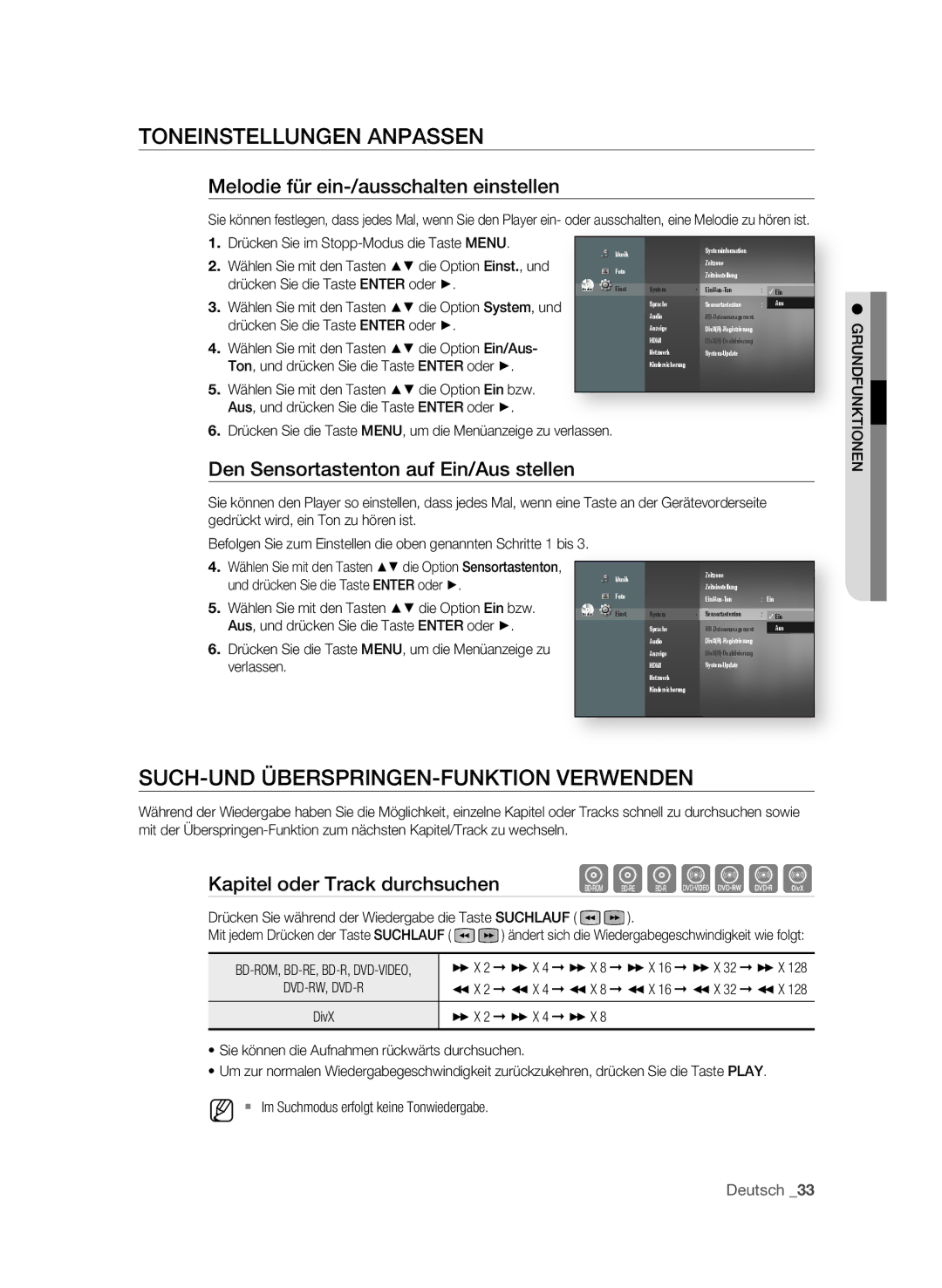 Samsung BD-P1580/XEC, BD-P1580/EDC, BD-P1580/XEF manual TOnEInStELLungEn AnPASSEn, Such-und üBERSPRIngEn-FunktIOn VERWEndEn 