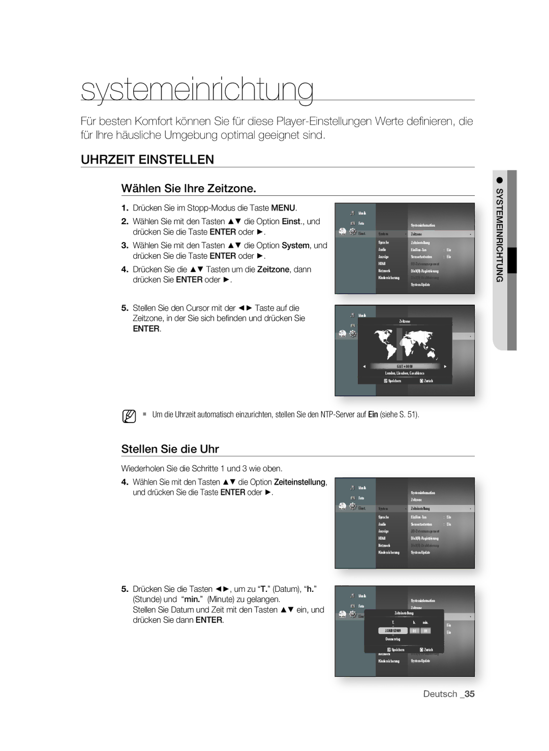 Samsung BD-P1580/XEF, BD-P1580/XEC Systemeinrichtung, UhRzEIt EInStELLEn, Wählen Sie Ihre zeitzone, Stellen Sie die uhr 