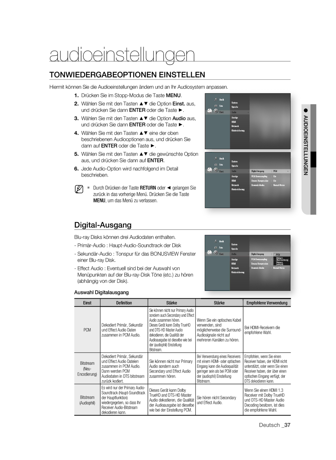 Samsung BD-P1580/EDC, BD-P1580/XEC, BD-P1580/XEF manual Audioeinstellungen, TOnWIEdERgABEOPtIOnEn EInStELLEn, Digital-Ausgang 