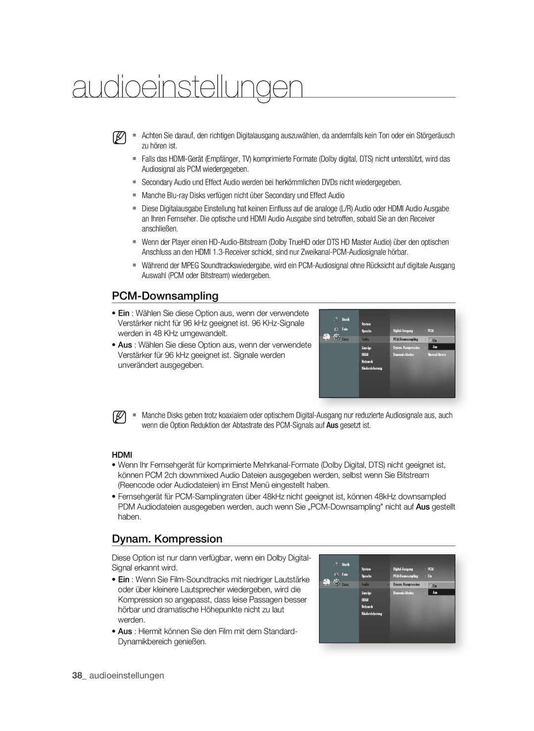 Samsung BD-P1580/XEF, BD-P1580/XEC, BD-P1580/EDC manual PcM-downsampling, Dynam. kompression 