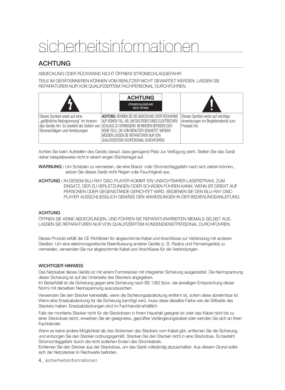 Samsung BD-P1580/EDC manual Sicherheitsinformationen, Achtung, Abdeckung Oder Rückwand Nicht ÖFFNEN! Stromschlaggefahr 