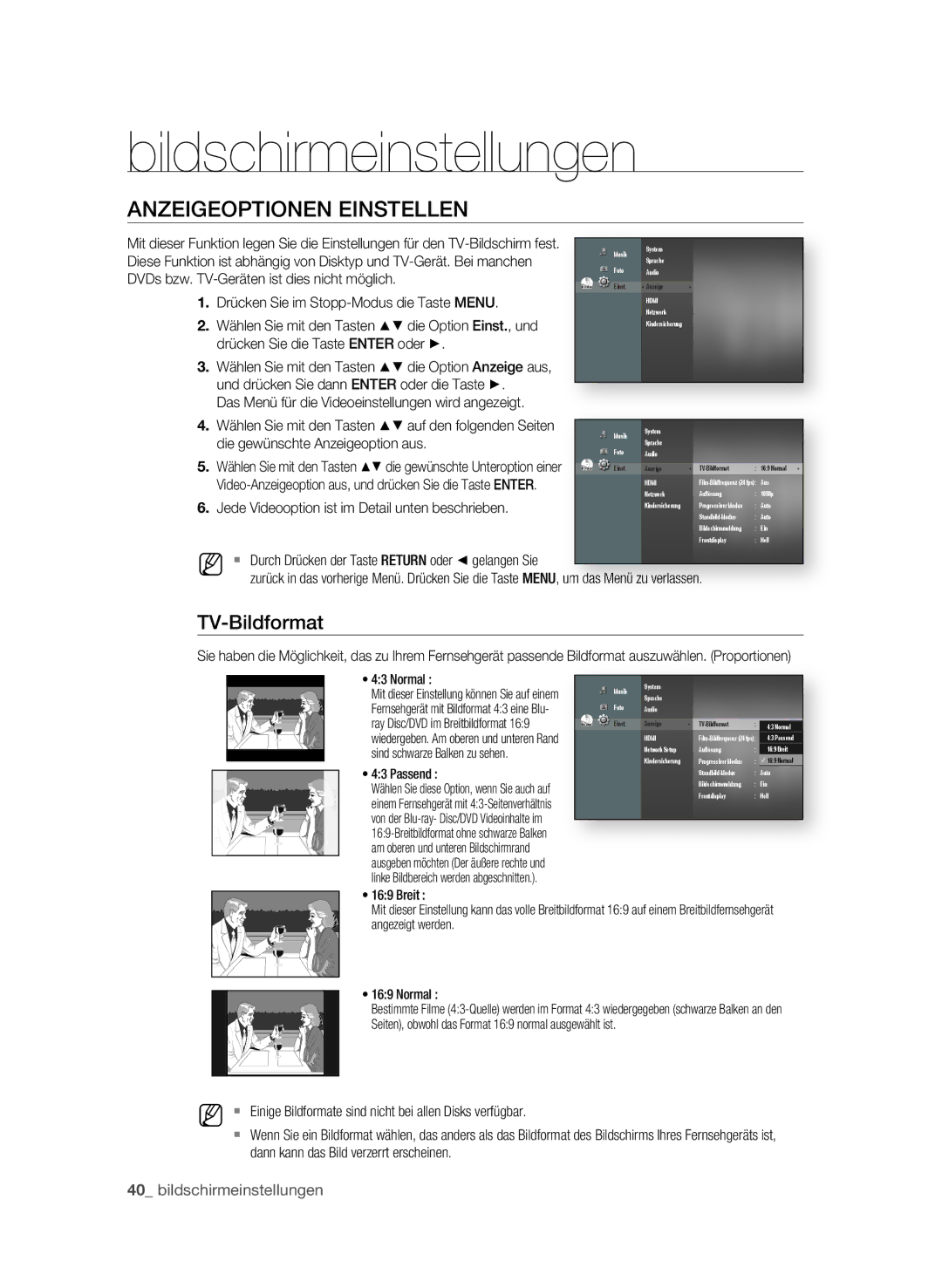 Samsung BD-P1580/EDC, BD-P1580/XEC, BD-P1580/XEF manual Bildschirmeinstellungen, AnzEIgEOPtIOnEn EInStELLEn, TV-Bildformat 