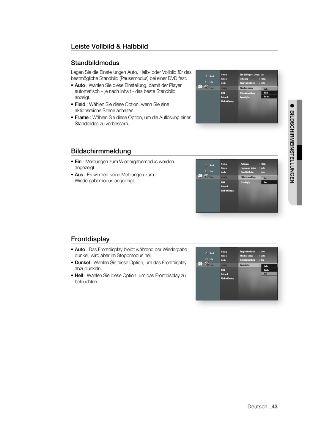 Samsung BD-P1580/EDC, BD-P1580/XEC, BD-P1580/XEF Leiste Vollbild & halbbild Standbildmodus, Bildschirmmeldung, Frontdisplay 