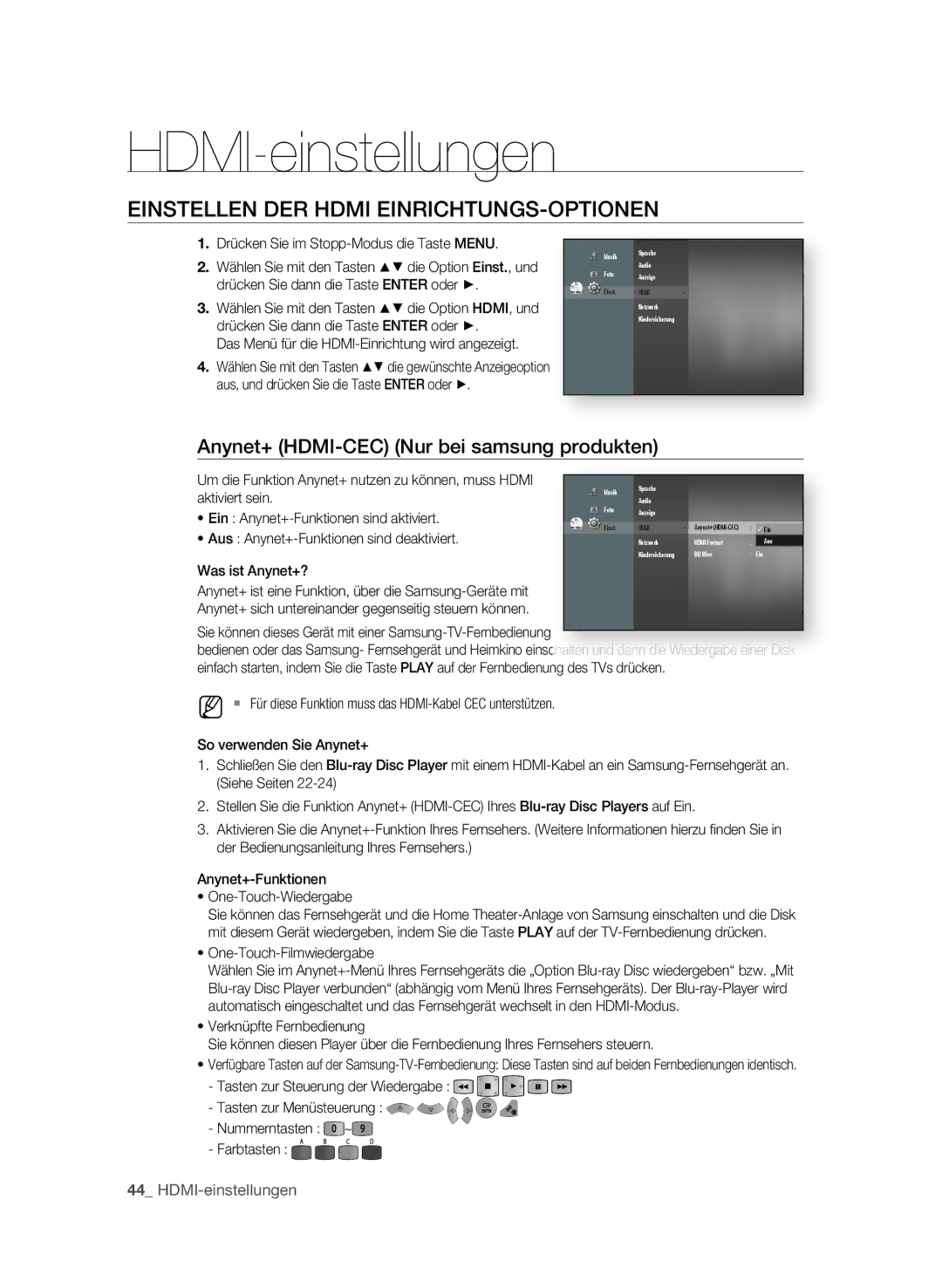 Samsung BD-P1580/XEF, BD-P1580/XEC, BD-P1580/EDC manual HDMI-einstellungen, EInStELLEn dER hdMI EInRIchtungS-OPtIOnEn 