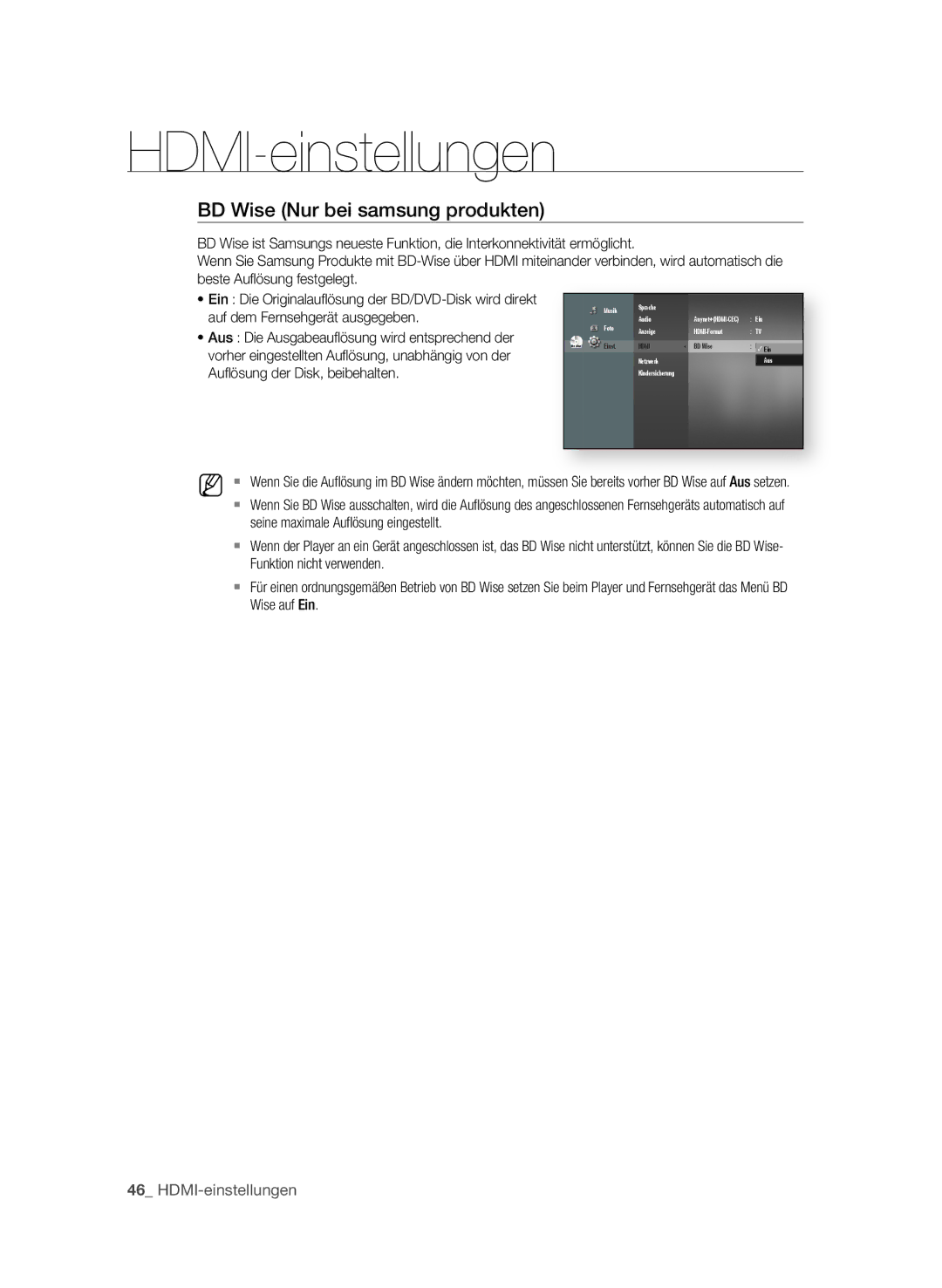 Samsung BD-P1580/EDC, BD-P1580/XEC, BD-P1580/XEF manual Bd Wise nur bei samsung produkten 