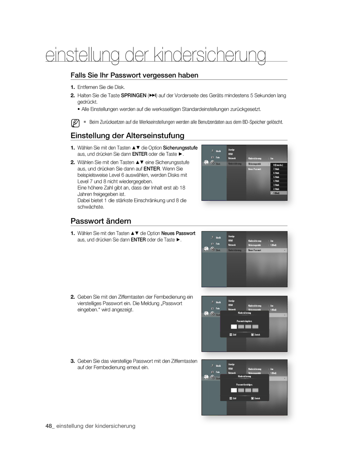 Samsung BD-P1580/XEC manual Einstellung der Alterseinstufung, Passwort ändern, Falls Sie Ihr Passwort vergessen haben 