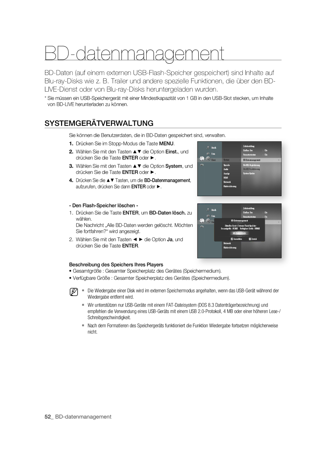 Samsung BD-P1580/EDC, BD-P1580/XEC, BD-P1580/XEF manual BD-datenmanagement, SyStEMgERätVERWALtung 