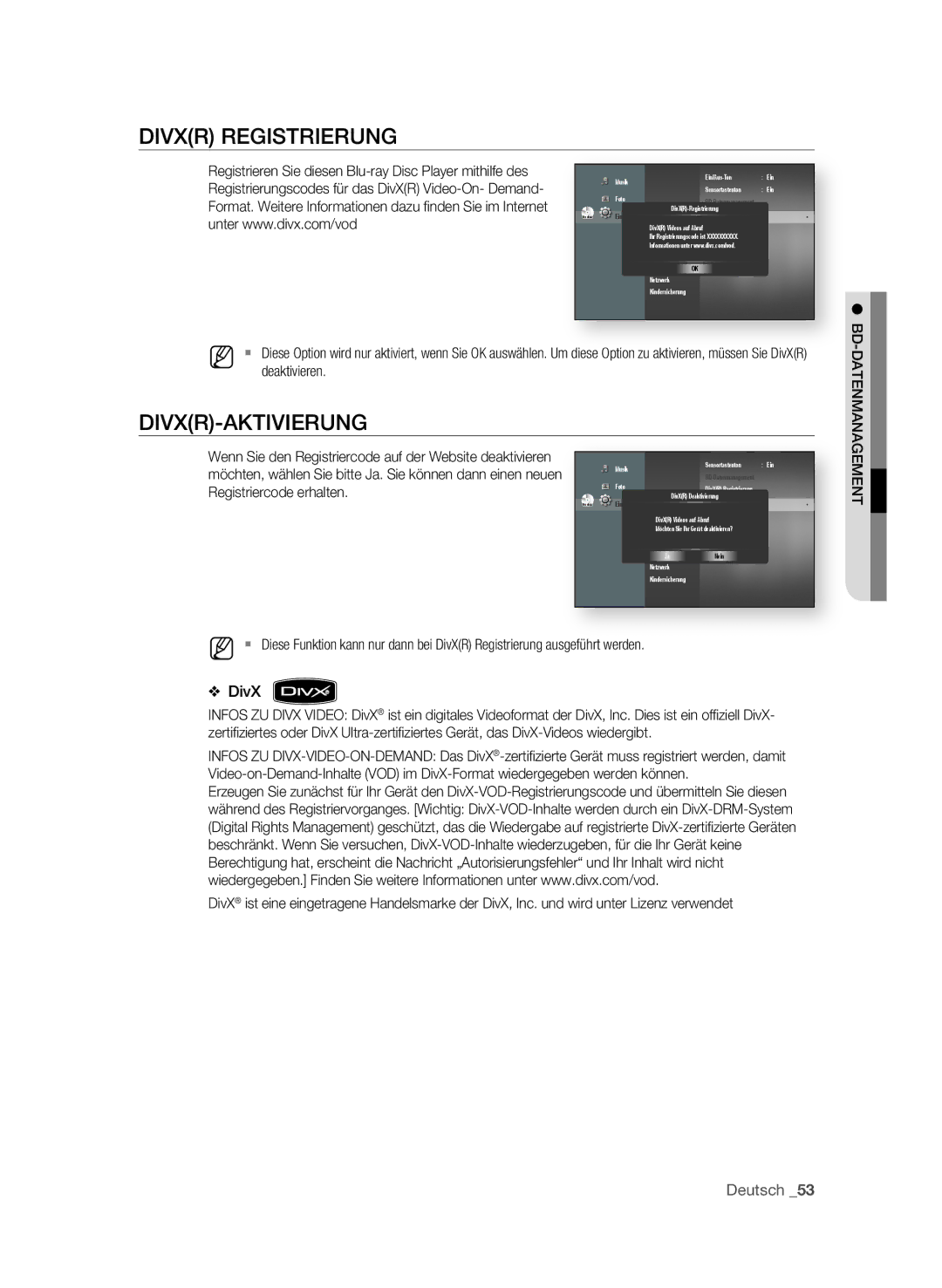 Samsung BD-P1580/XEF, BD-P1580/XEC, BD-P1580/EDC manual DIVXR REgIStRIERung, DIVXR-AktIVIERung 