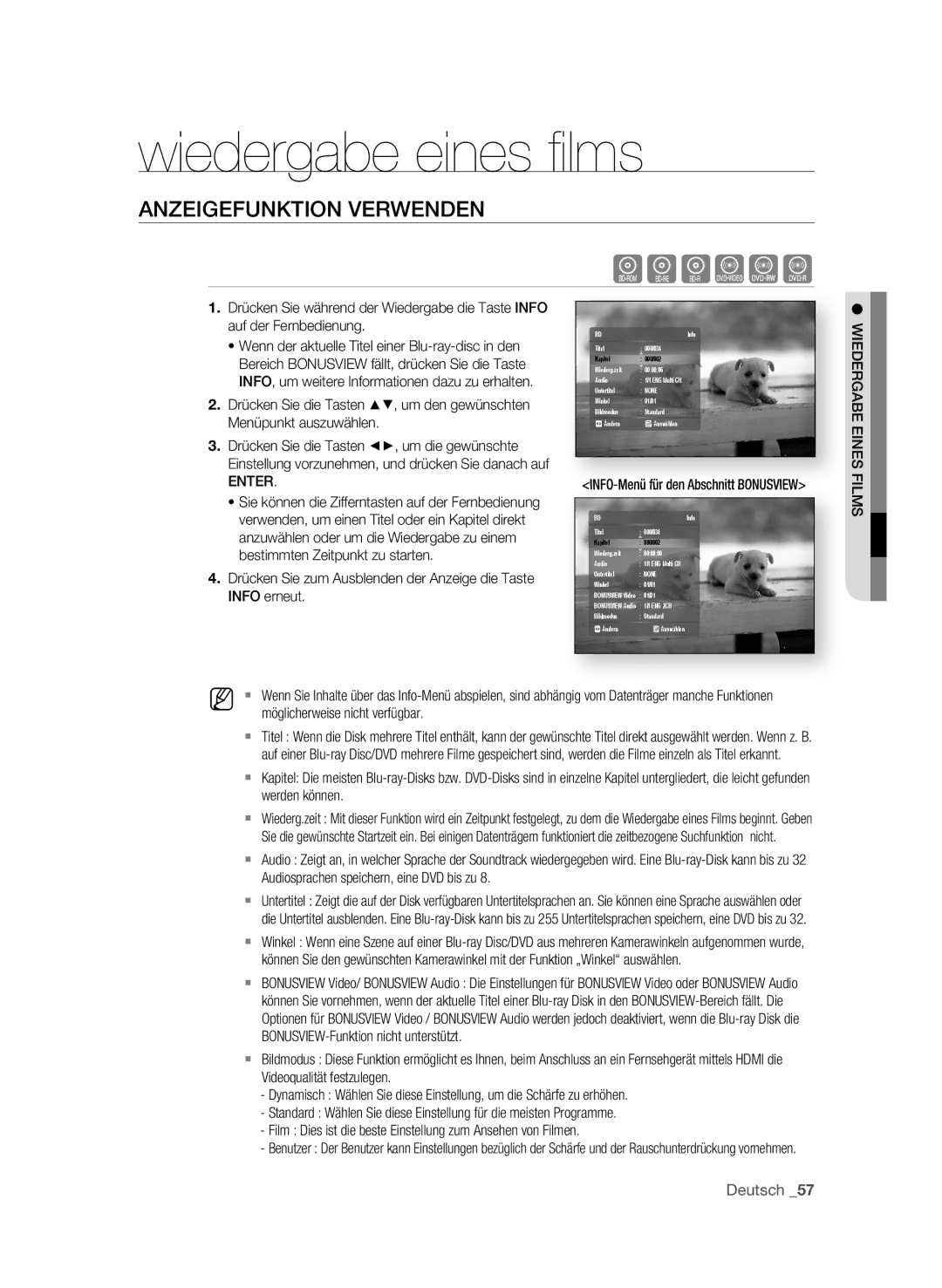 Samsung BD-P1580/XEC, BD-P1580/EDC, BD-P1580/XEF manual Wiedergabe eines ﬁ lms, AnzEIgEFunktIOn VERWEndEn 