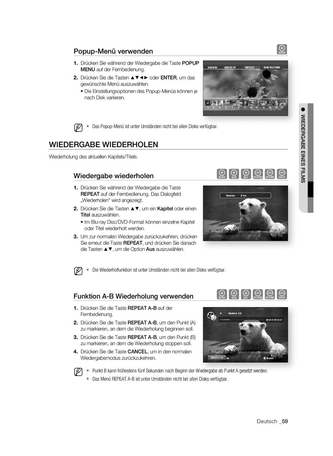 Samsung BD-P1580/XEF, BD-P1580/XEC, BD-P1580/EDC manual WIEdERgABE WIEdERhOLEn, Popup-Menü verwenden, Wiedergabe wiederholen 