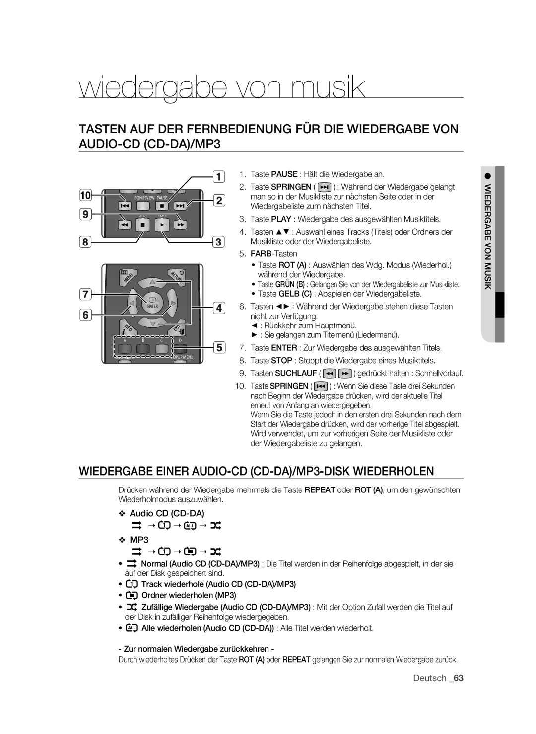 Samsung BD-P1580/XEC Wiedergabe von musik, Wiedergabe einer Audio-CD CD-DA/MP3-disk wiederholen, Siu mn vo gabeer, DieW 