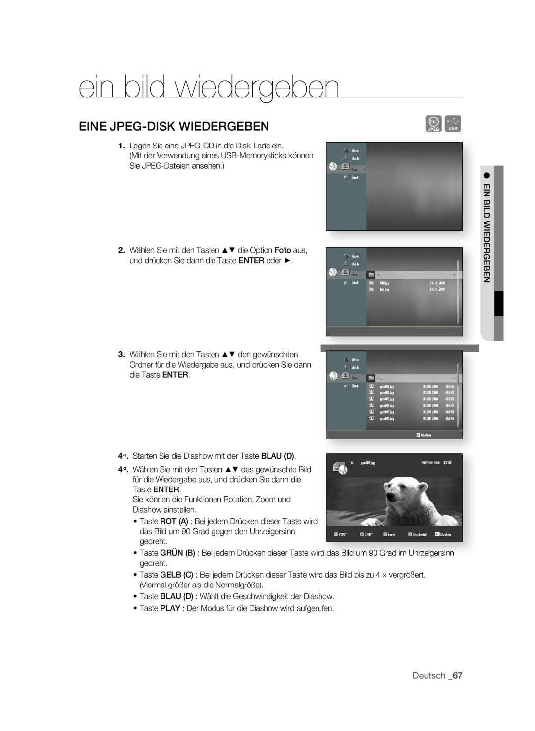 Samsung BD-P1580/EDC, BD-P1580/XEC, BD-P1580/XEF manual Ein bild wiedergeben, EInE JPEg-dISk WIEdERgEBEn 