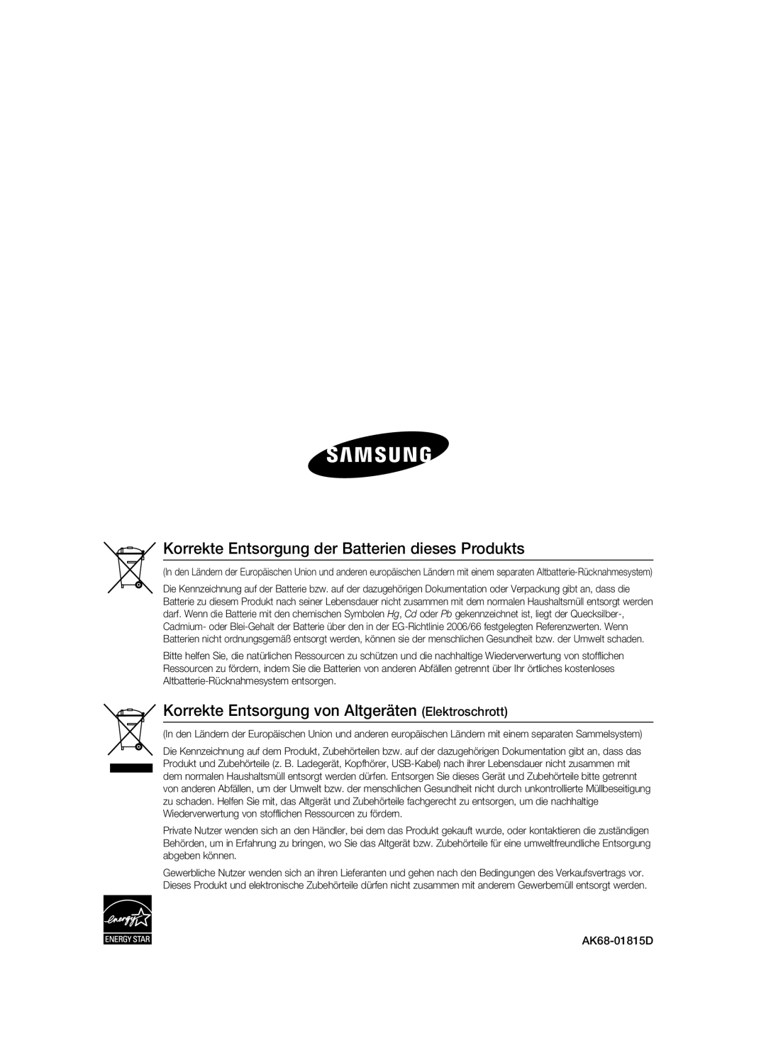 Samsung BD-P1580/XEF Korrekte Entsorgung der Batterien dieses Produkts, Korrekte Entsorgung von Altgeräten Elektroschrott 