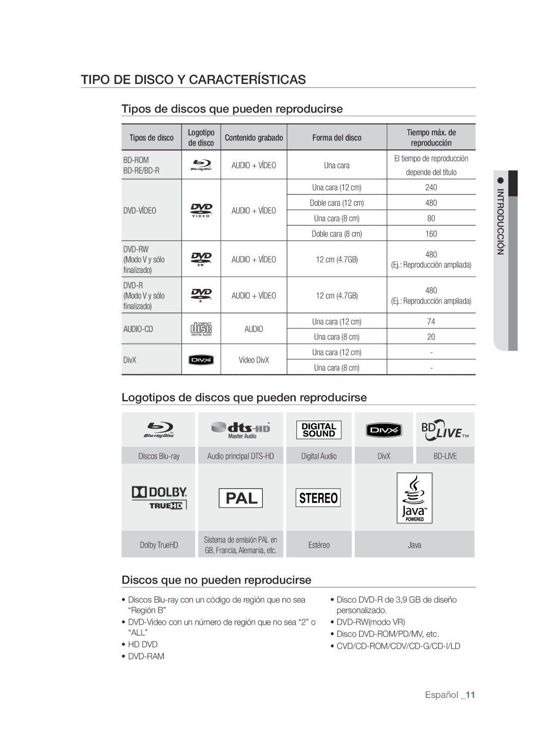 Samsung BD-P1580/XEC manual Tipo de disco y características, Tipos de discos que pueden reproducirse 