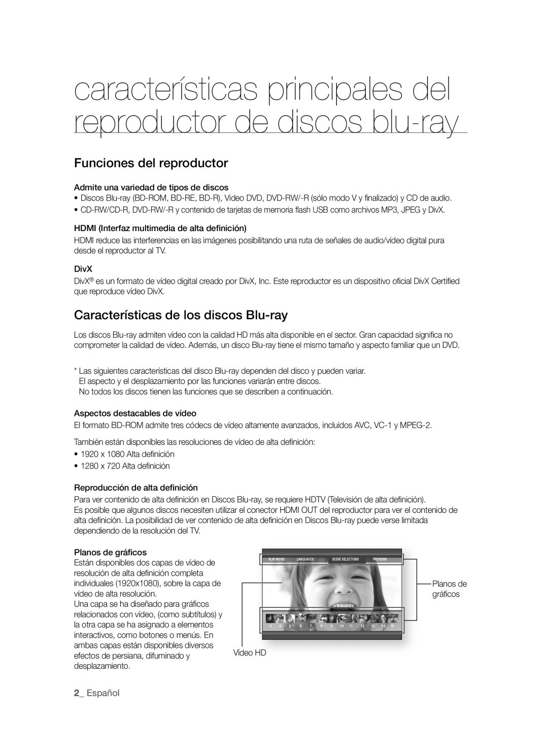 Samsung BD-P1580/XEC manual Funciones del reproductor, Características de los discos Blu-ray, Vídeo HD, Planos de gráfi cos 