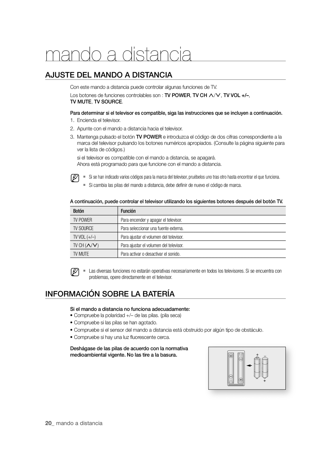 Samsung BD-P1580/XEC manual Mando a distancia, AjUSte deL MAndO a diStAnciA, InfOrMAciÓn SOBre LA BAterÍA 