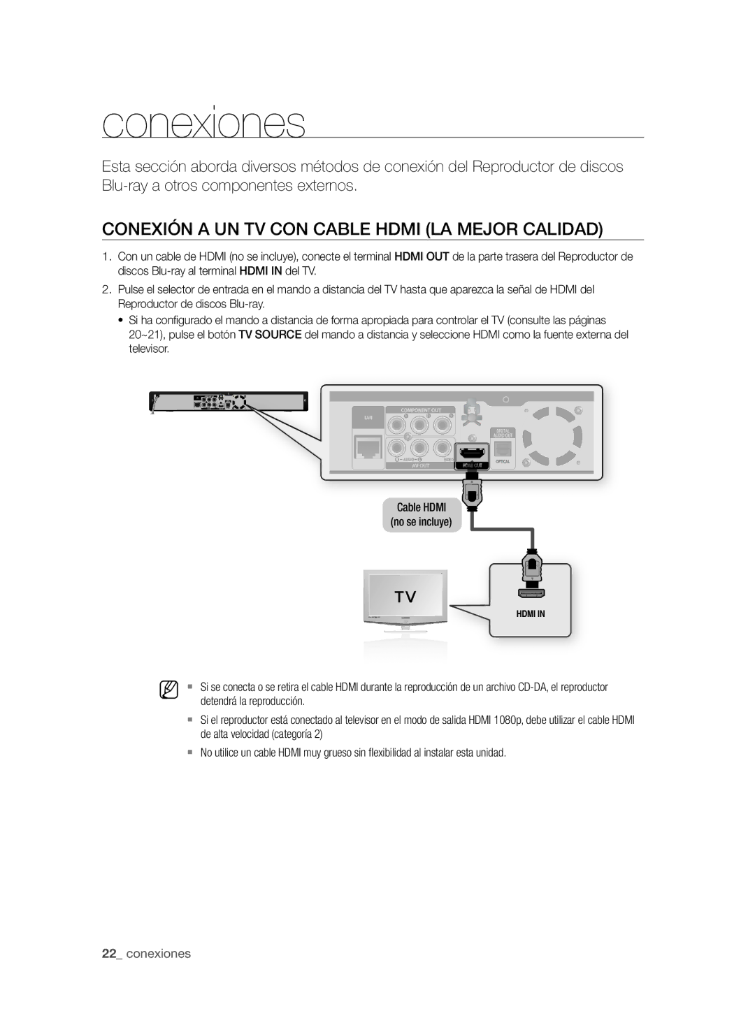 Samsung BD-P1580/XEC manual Conexiones, Conexión a un TV con cable Hdmi La Mejor Calidad, Detendrá la reproducción 