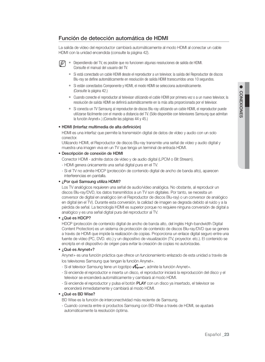 Samsung BD-P1580/XEC Función de detección automática de Hdmi, Consulte el manual del usuario del TV, ¿Qué es HDCP? 