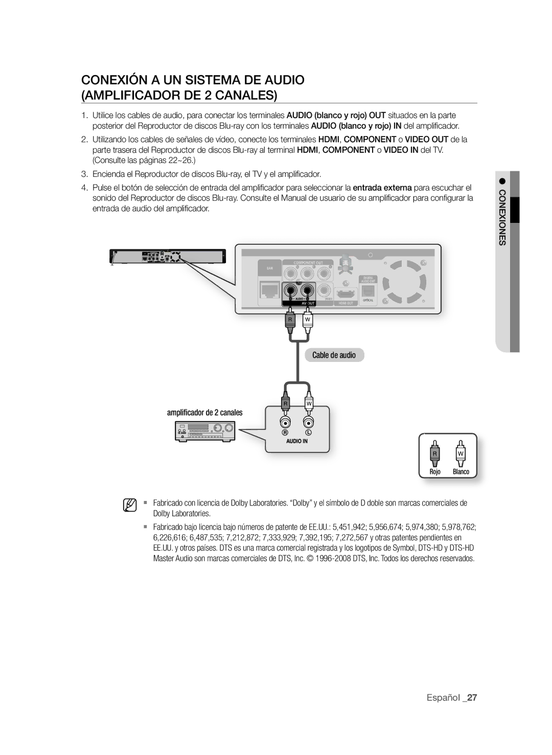 Samsung BD-P1580/XEC manual COneXiÓn a Un SiSteMA de AUdiO AMPLificAdOr de 2 cAnALeS, Dolby Laboratories, COneXiOneS 