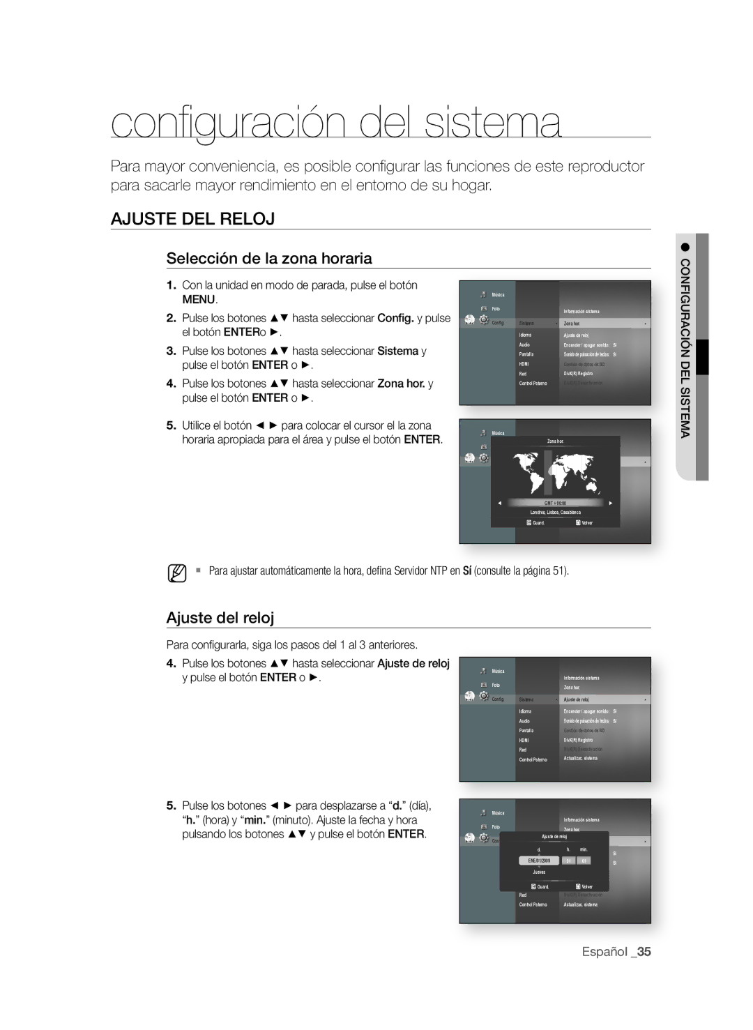 Samsung BD-P1580/XEC manual Conﬁ guración del sistema, AjUSte deL reLOj, Selección de la zona horaria, Ajuste del reloj 