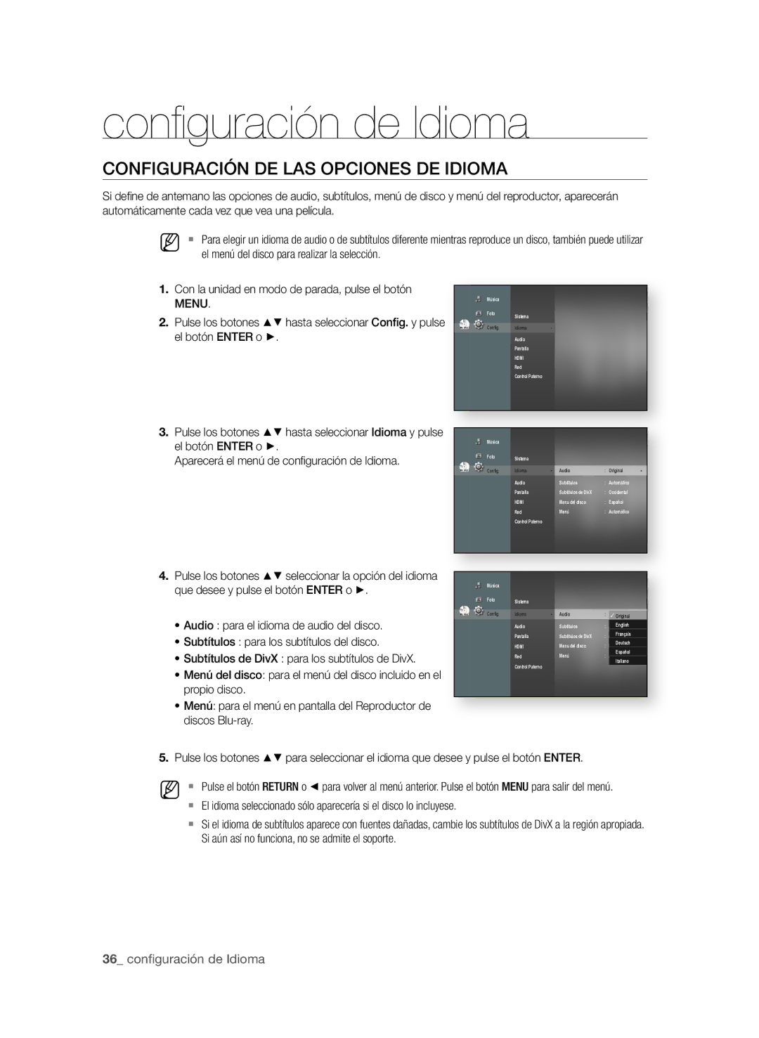 Samsung BD-P1580/XEC manual Conﬁ guración de Idioma, COnfiGUrAciÓn de LAS OPciOneS de idiOMA 