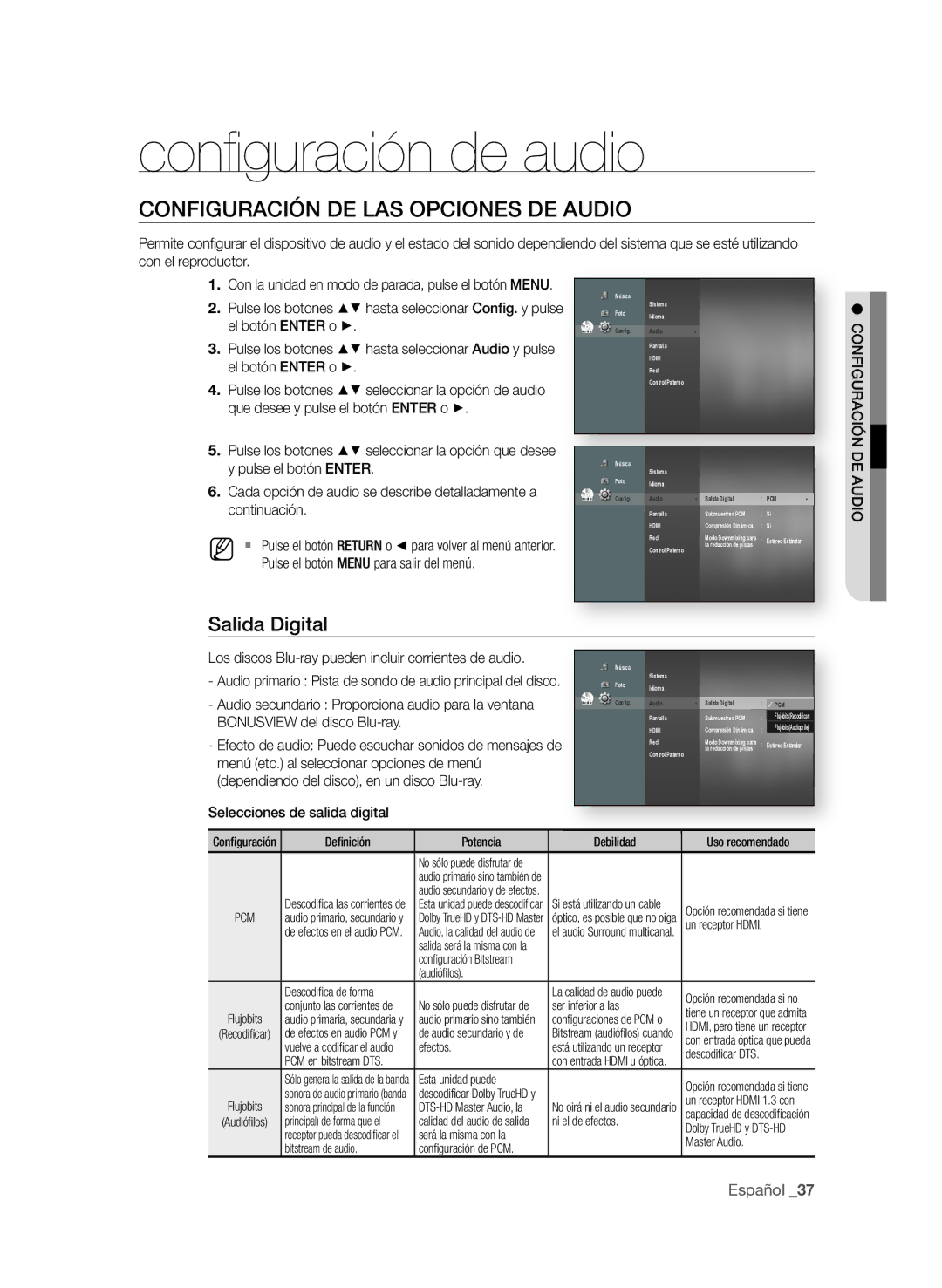 Samsung BD-P1580/XEC manual Conﬁ guración de audio, COnfiGUrAciÓn de LAS OPciOneS de AUdiO, Salida digital 