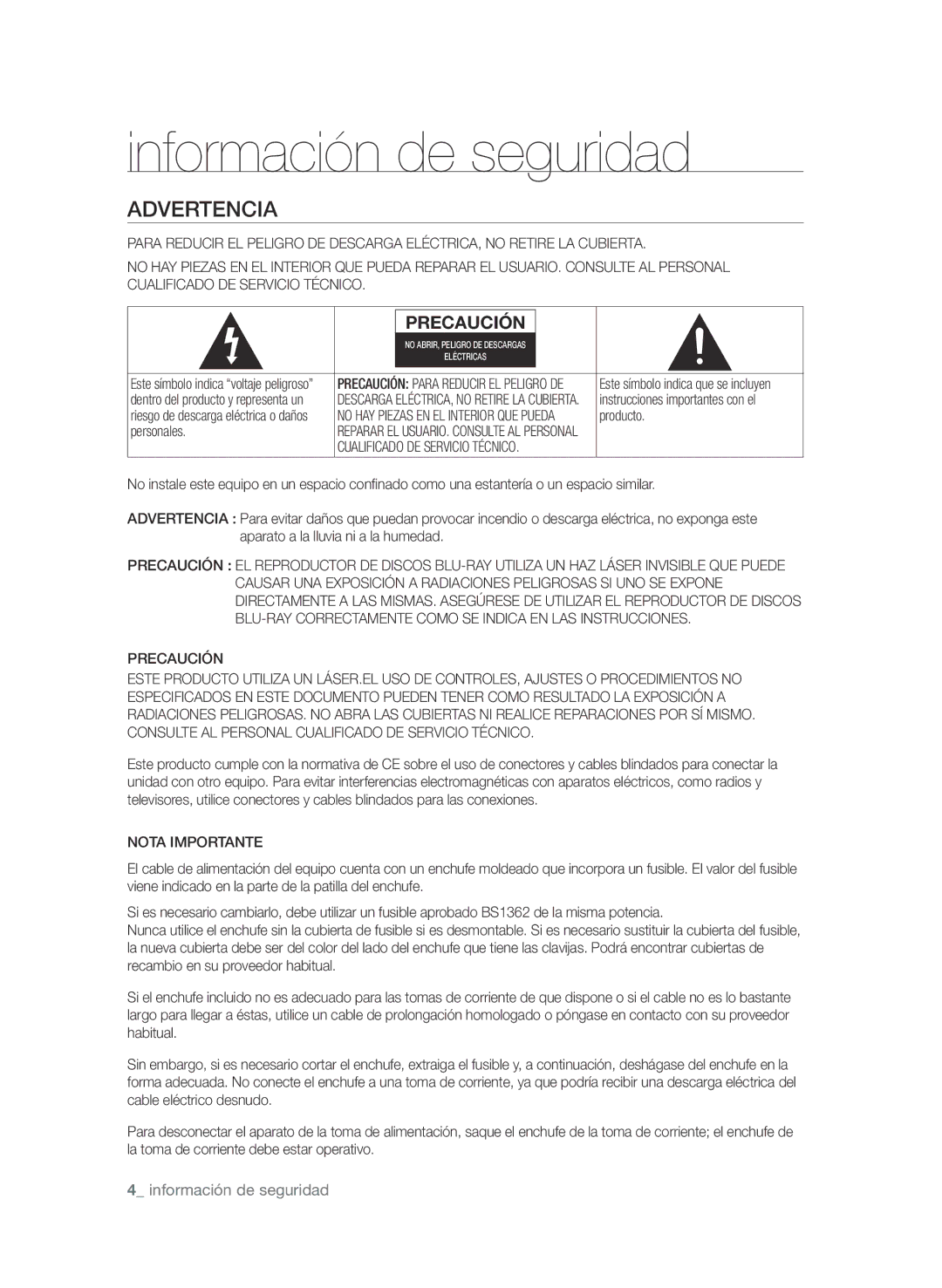 Samsung BD-P1580/XEC manual Información de seguridad, Advertencia, Precaución, Nota Importante 