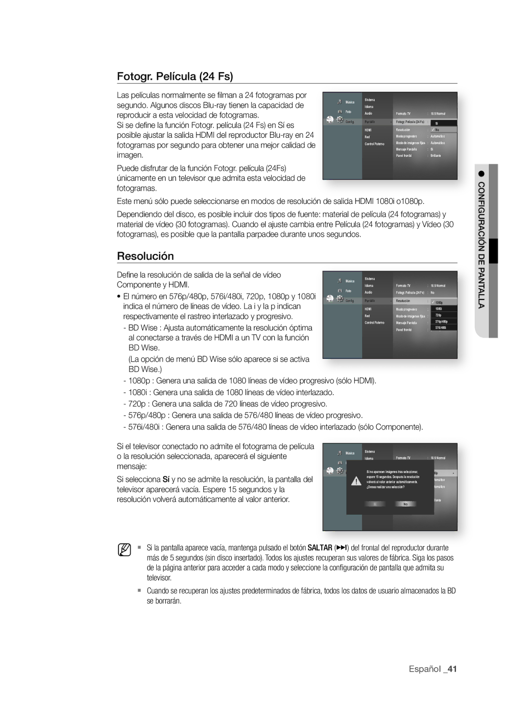 Samsung BD-P1580/XEC manual Fotogr. Película 24 fs, Resolución 